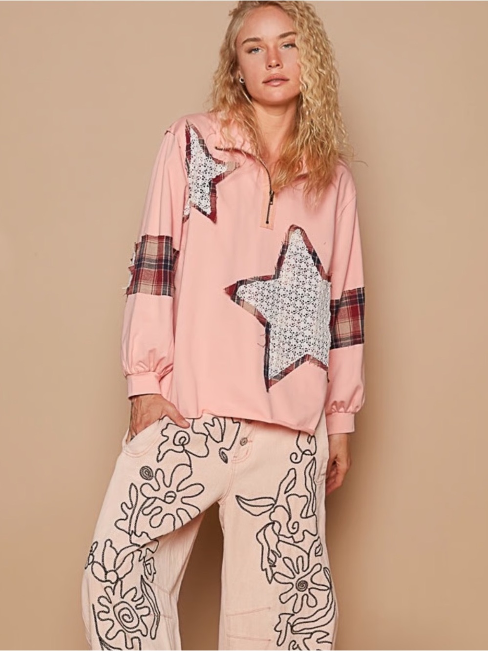 NEW POL Star Patch Pink Zip-Trim Sweatshirt Pullover L